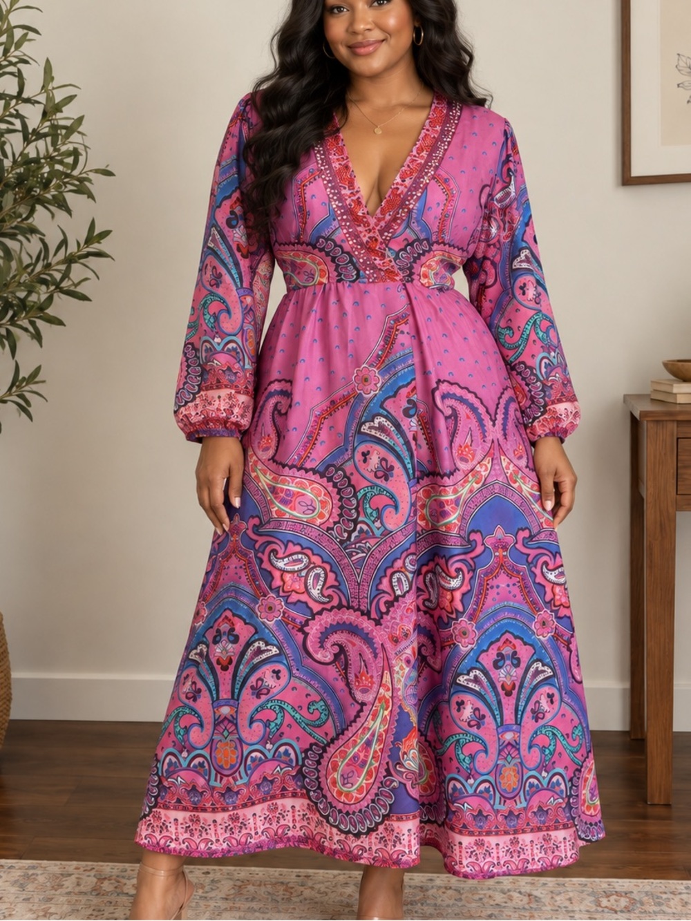 True Colours La Moda L/XL Pink Paisley Embellished Boho Maxi Dress